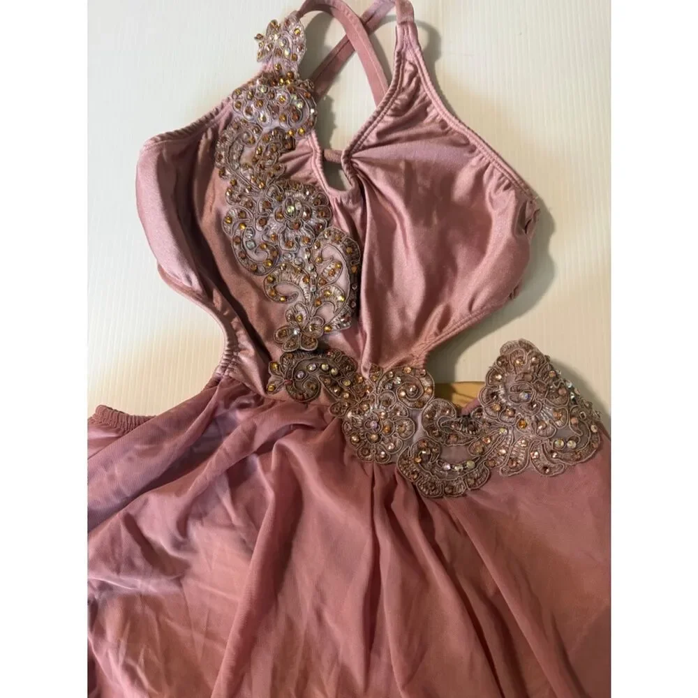 Pink custom solo Dance costume embellished asymmetrical Leotard dress SA adult
